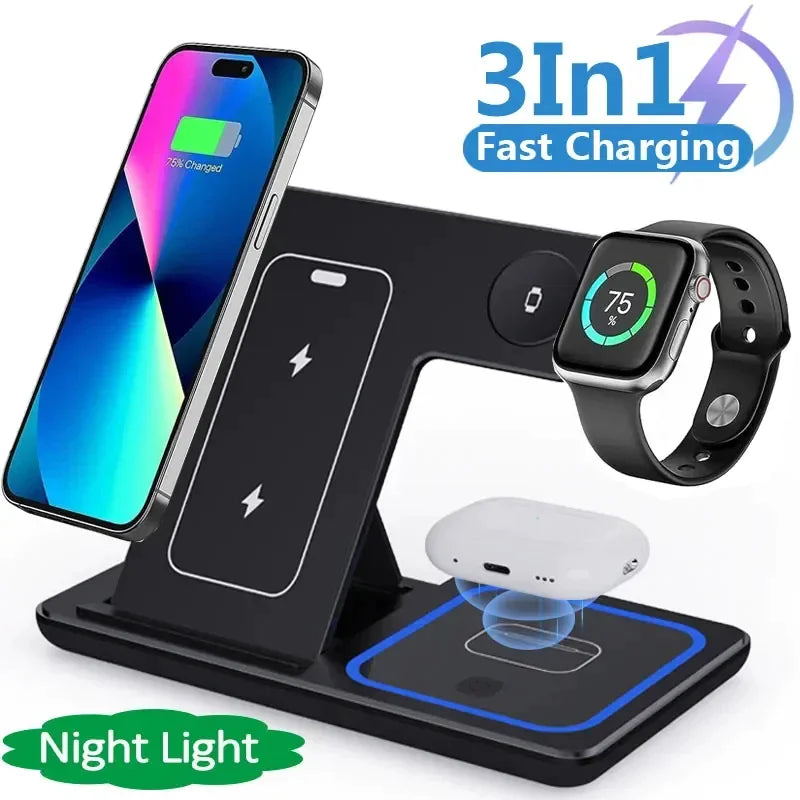 AUFYX 3 In 1 LED Fast Wireless Charger Stand Foldable Charging Station